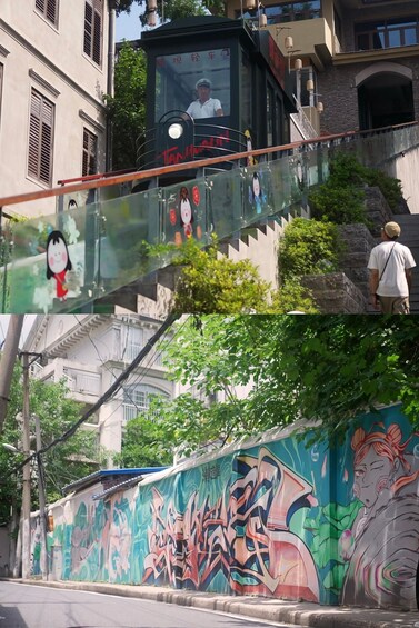 A pedestrian walkway with a glass barrier, a mural with abstract art, and a building with traditional architecture. 2