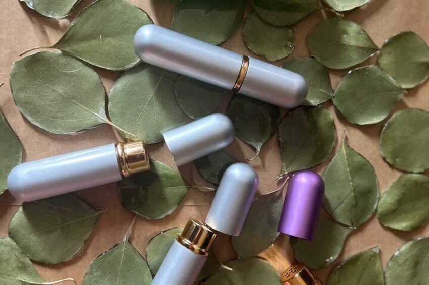 Several cylindrical objects with metallic caps, surrounded by green leaves. 5