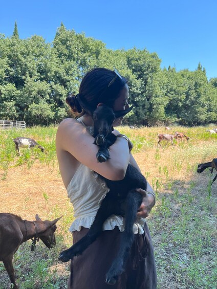 A person holding a goat in a field with other goats and trees in the background. 5