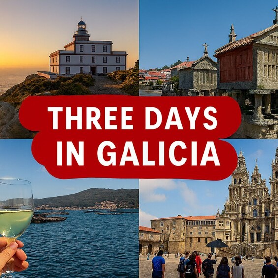 A lighthouse, traditional buildings, a coastal view with a glass of wine, and a historic cathedral. 1