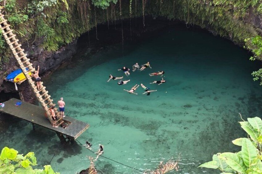 A group of people swimming in a natural pool surrounded by greenery. 3