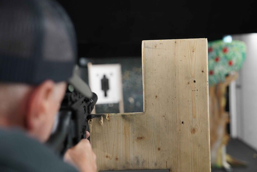 A person aiming a firearm at a wooden target. 3