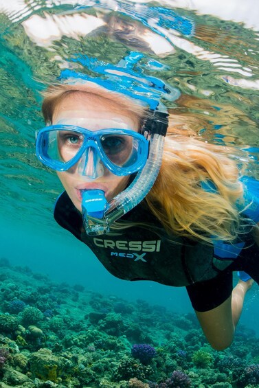A person snorkeling underwater with a Cressi diving mask and snorkel. 3