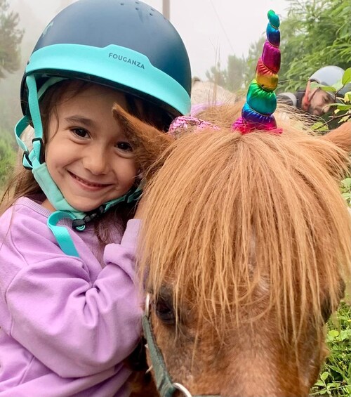 A child wearing a helmet and a purple outfit, with a horse that has a colorful horn and a purple mane. 2