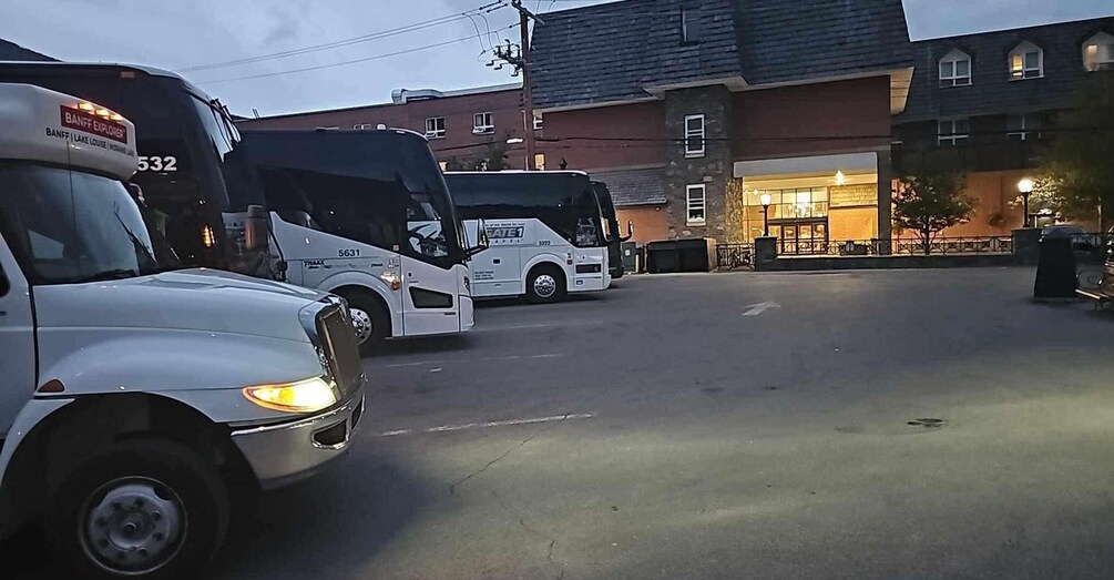 A street with parked buses and a building with illuminated windows. 1