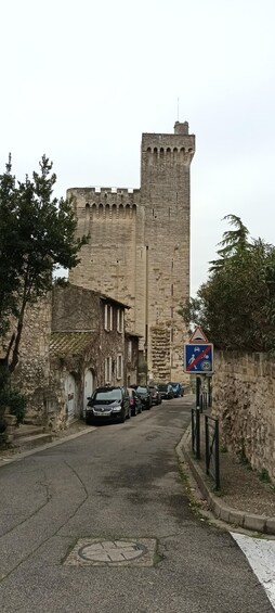 A medieval castle with a tall tower, parked cars, and a pedestrian crossing sign. 3