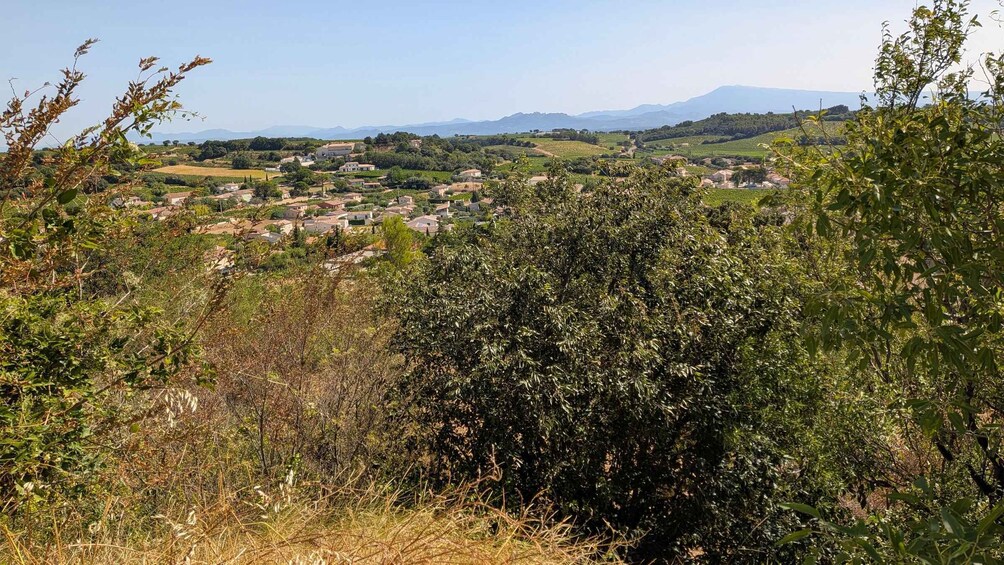 A rural landscape with a village, rolling hills, and a mountain in the distance. 5
