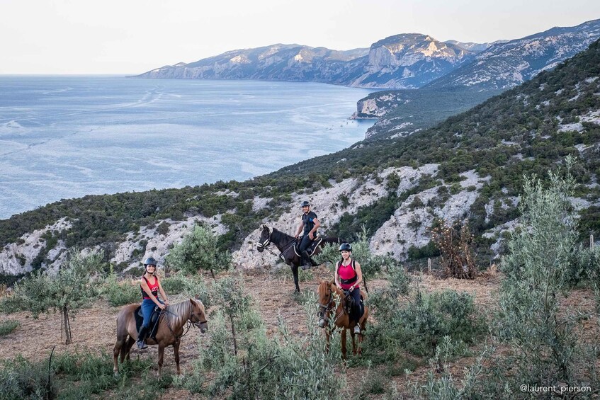 Three people horseback riding on a hillside with a view of the sea and mountains in the background. 1