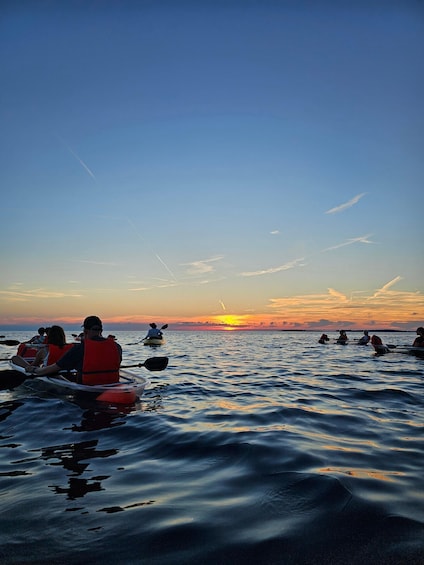 People kayaking on a calm body of water during sunset. 1