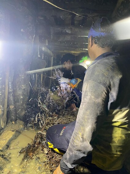 Two individuals in a dimly lit, confined space with water and vegetation. 3