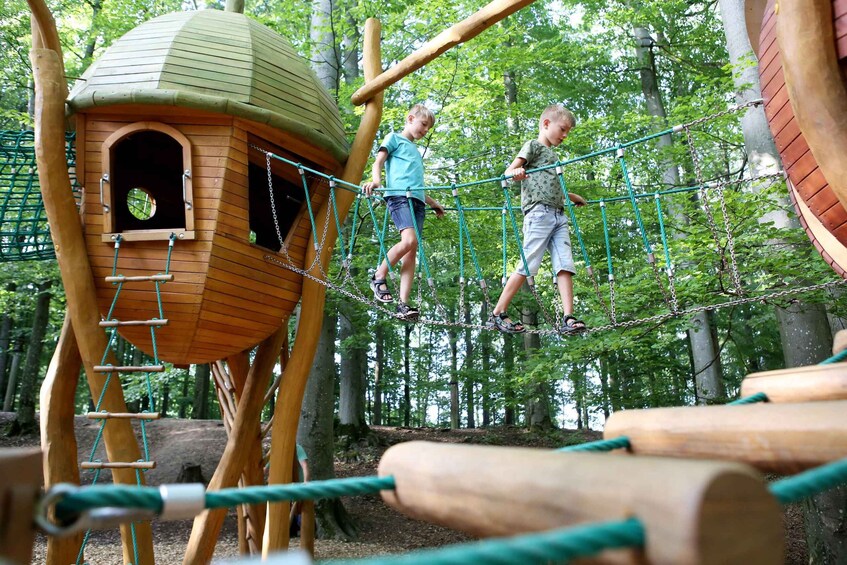 Children playing on a rope bridge in a forested playground with a wooden playhouse. 3