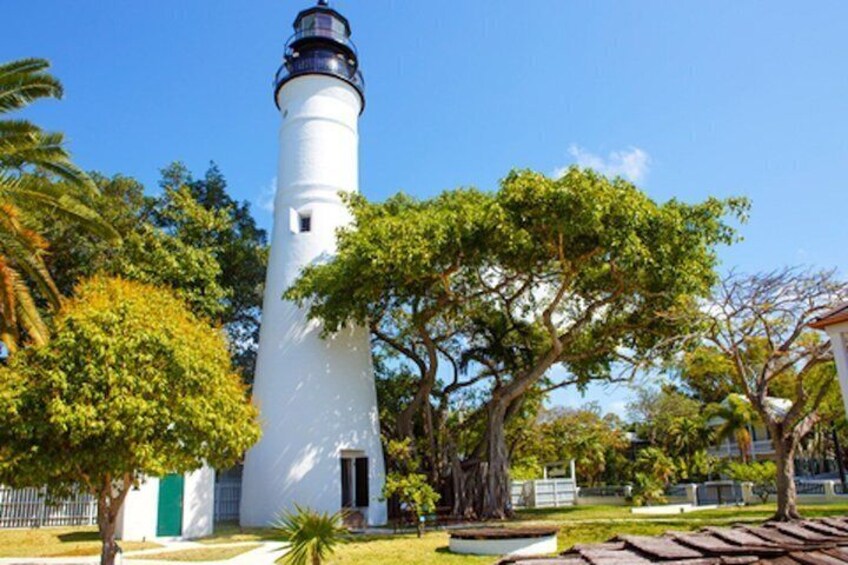 A white lighthouse with a black top, surrounded by trees and a clear blue sky. 3