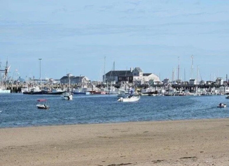 A coastal town with a marina filled with boats, a sandy beach, and buildings in the background. 5