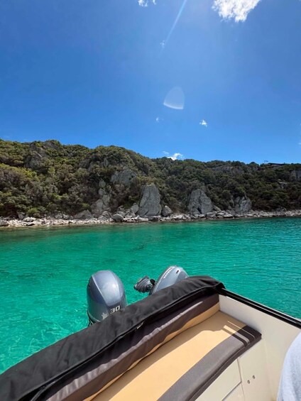 A boat on clear turquoise water with a rocky coastline and dense green vegetation under a bright blue sky. 2