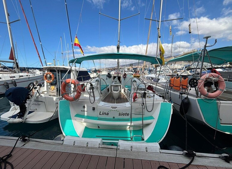 A marina with several sailboats docked, featuring lifebuoys and flags. 1