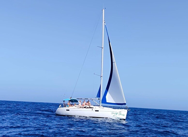 A sailboat with passengers on a clear day. 4