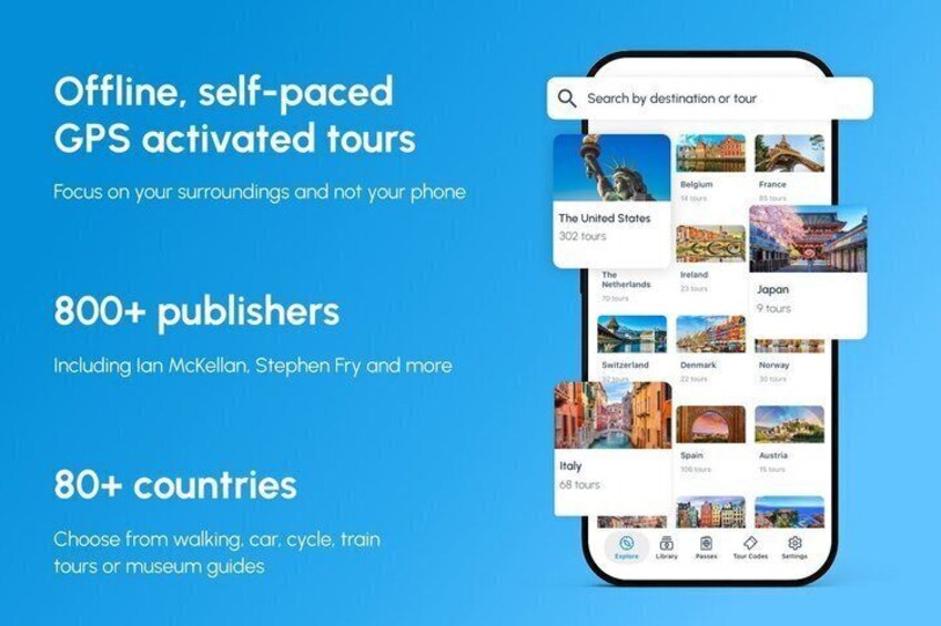 A smartphone displaying a travel app with offline, self-paced GPS activated tours. It lists 800+ publishers and tours in over 80 countries. 2