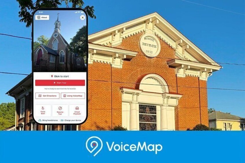 A brick church with a steeple, a sign reading 'METRO VINEYARD CHURCH 1813', and a smartphone displaying a map application. 1