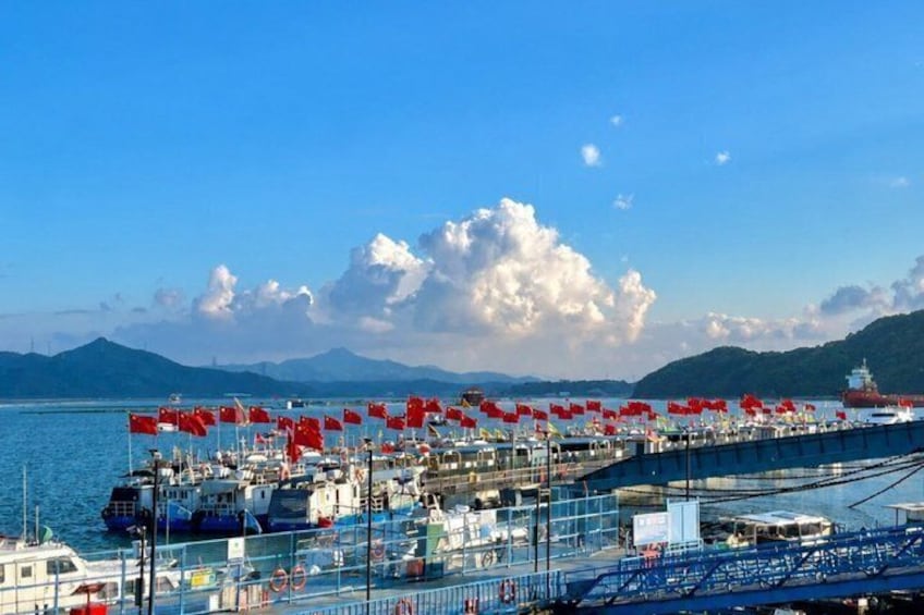 A harbor with boats, a bridge, and a mountainous landscape in the background. 3