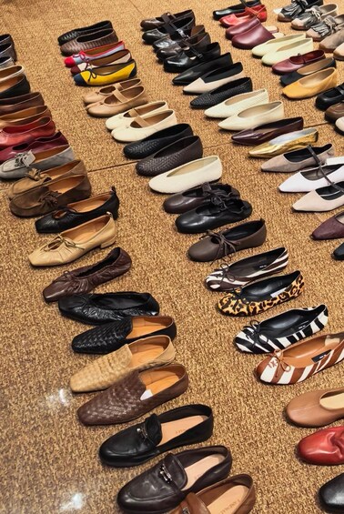 A variety of shoes arranged on a carpeted floor. 2