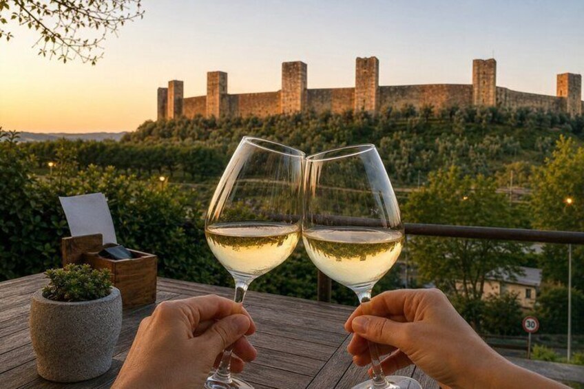 Two hands holding wine glasses with a castle in the background. 2