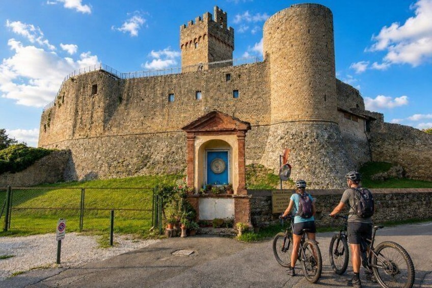 A historic castle with a round tower, a gate, and a paved path. 5