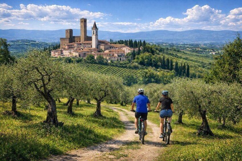 A path leading to a historic castle with a tower, surrounded by olive groves and rolling hills. 1