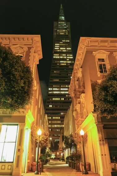 A nighttime cityscape with a prominent skyscraper in the center, flanked by classical buildings with illuminated street lamps. 4