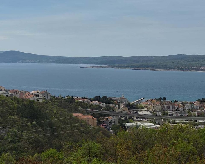 A coastal town with buildings, a bridge, and a body of water. 3