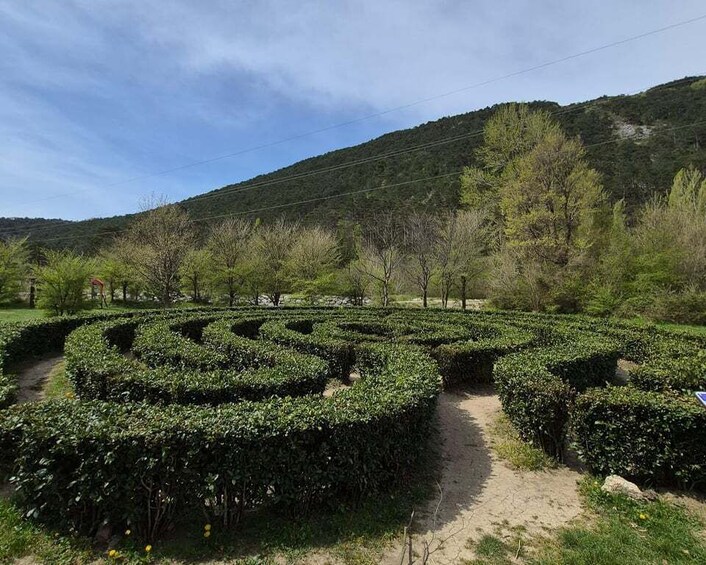 A maze garden with a dirt path, surrounded by greenery and hills in the background. 4