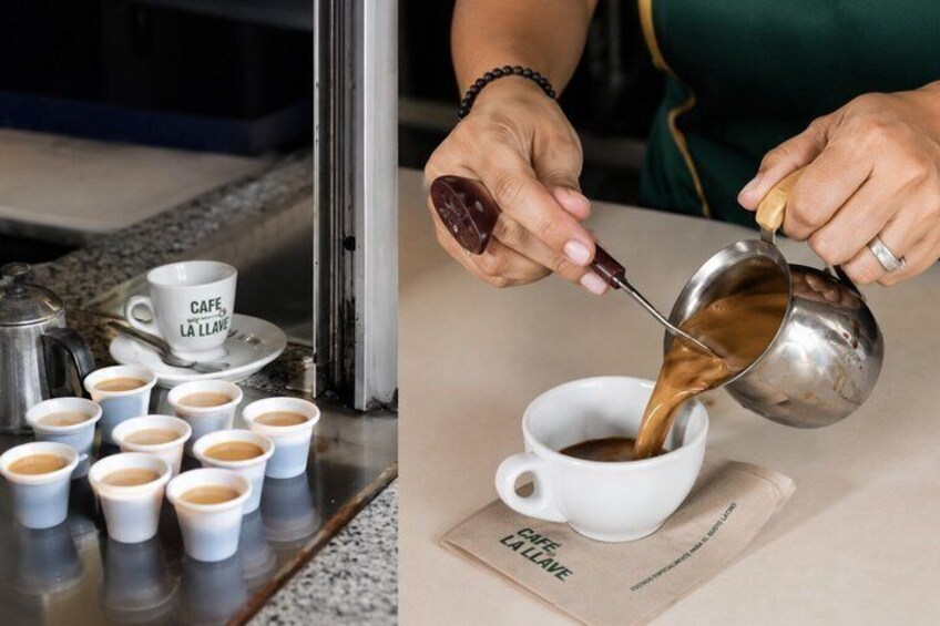 A person pouring coffee into a cup. 3