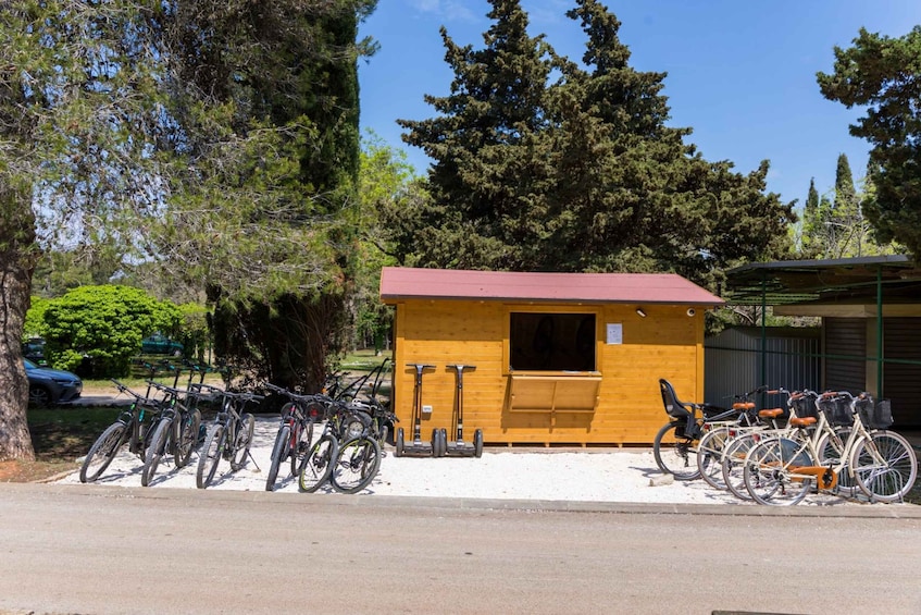 A small wooden structure with a red roof, surrounded by bicycles and trees. 5