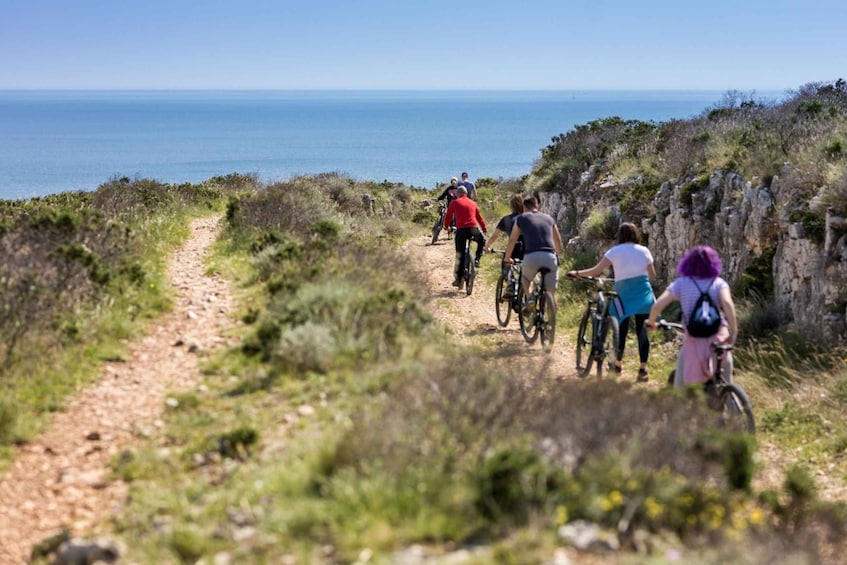 A group of cyclists on a dirt trail with a coastal view. 1