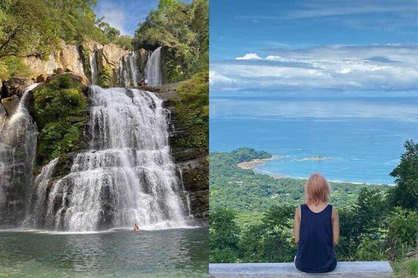 A waterfall cascading into a body of water, surrounded by lush greenery. 1