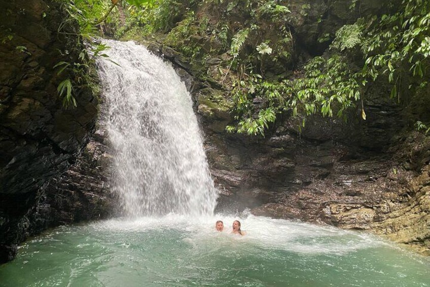 A waterfall, clear water, and lush greenery. 5