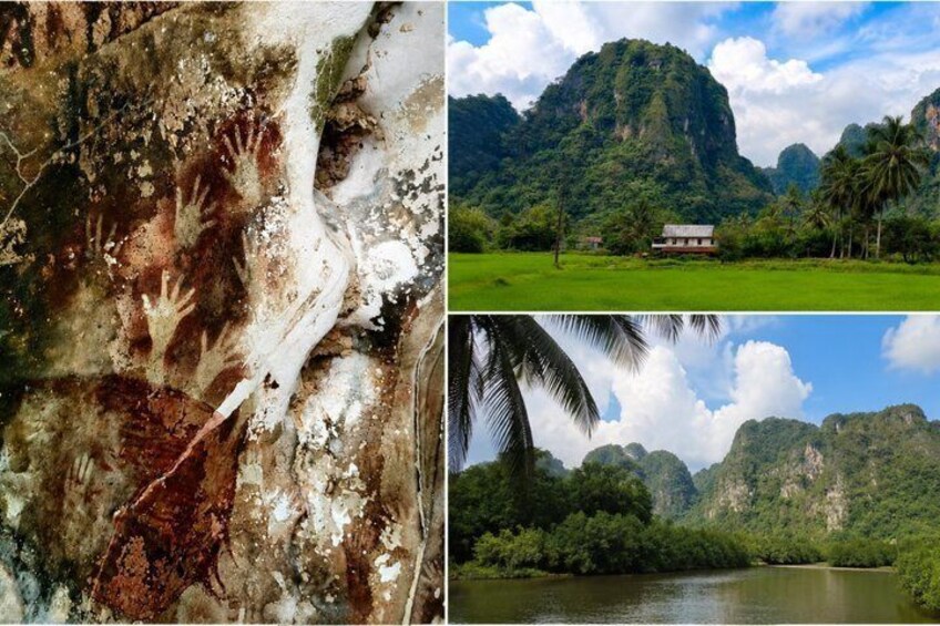 A cave with ancient carvings, a traditional house in a lush green landscape, and a river with dense foliage. 1