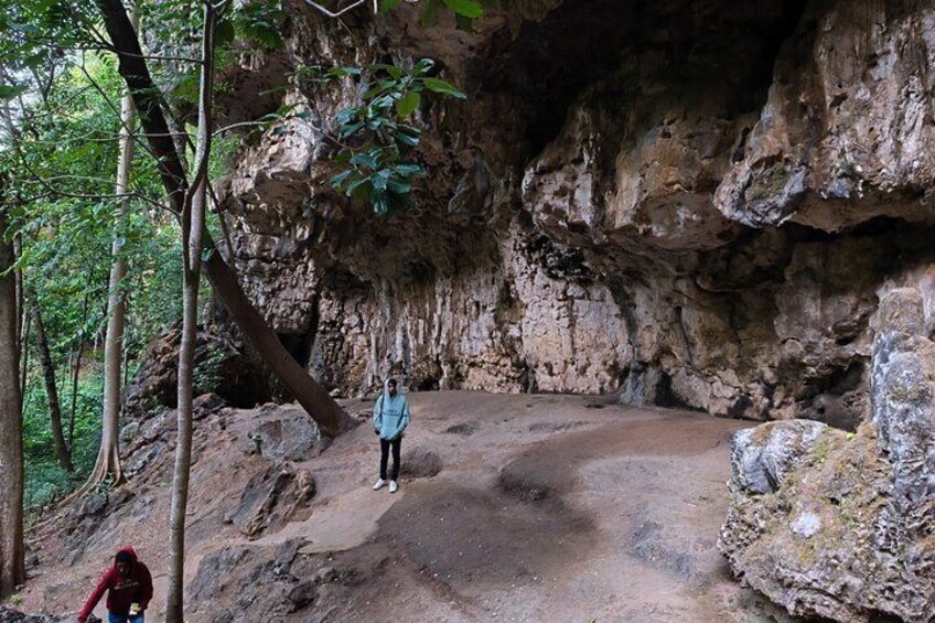 A person standing on a rocky path in a forested area with a large rock formation in the background. 4