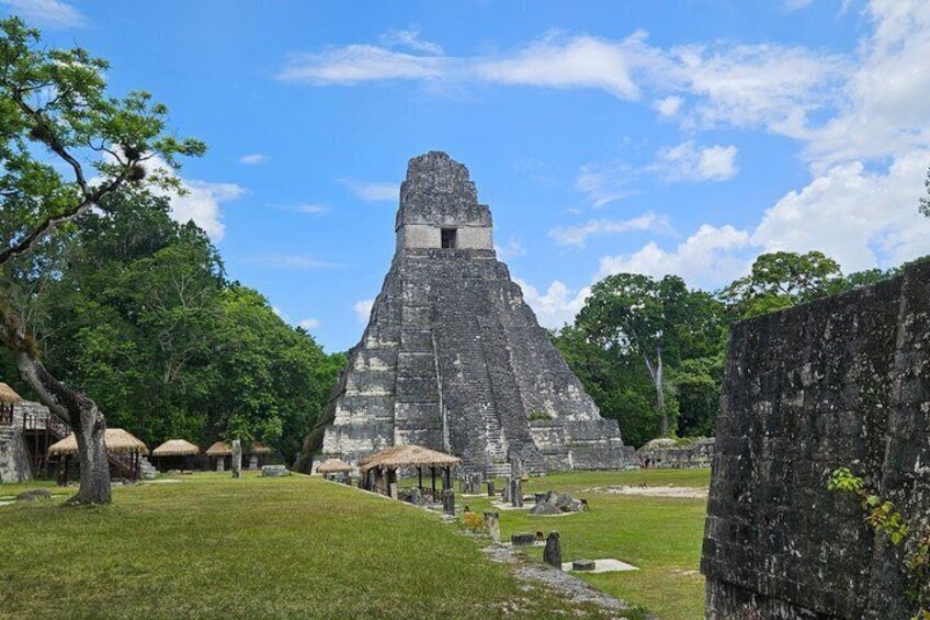 A large pyramid-like structure surrounded by trees and grassy areas. 3