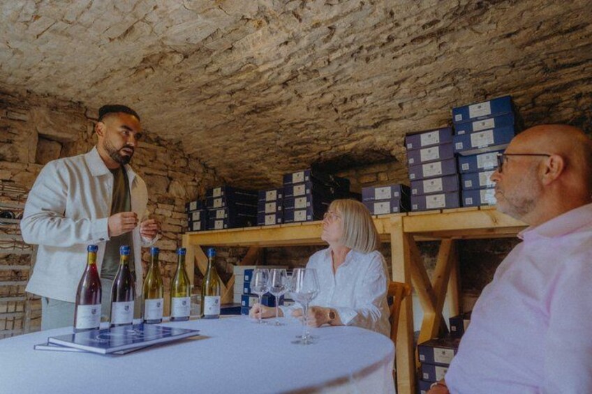 A group of people tasting wine in a rustic cellar with wooden shelves and wine bottles. 5