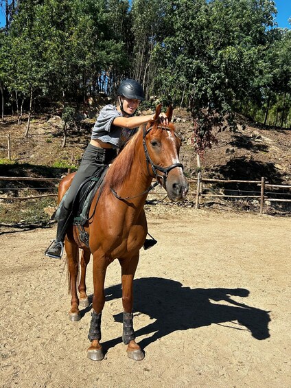 A person riding a horse in an outdoor arena with trees and a dirt ground. 2