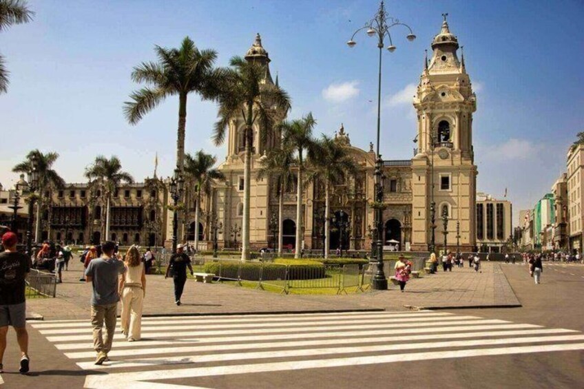 A historic plaza with a prominent church, palm trees, and a crosswalk. 5