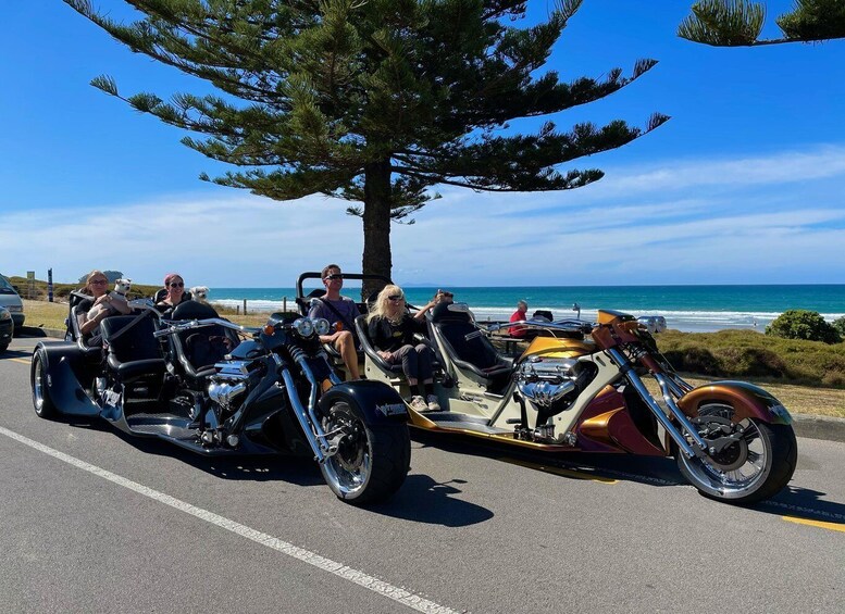 A group of people on a motorcycle with a sidecar, parked on a road with a beach and ocean in the background. 3