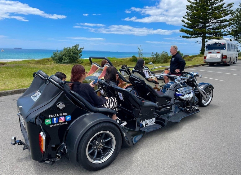 A group of people on a motorcycle with a sidecar, parked on a road with a view of the ocean and a tree in the background. 1