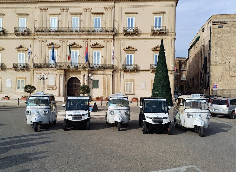 A row of white electric vehicles parked in front of a historic building with multiple flags. 5