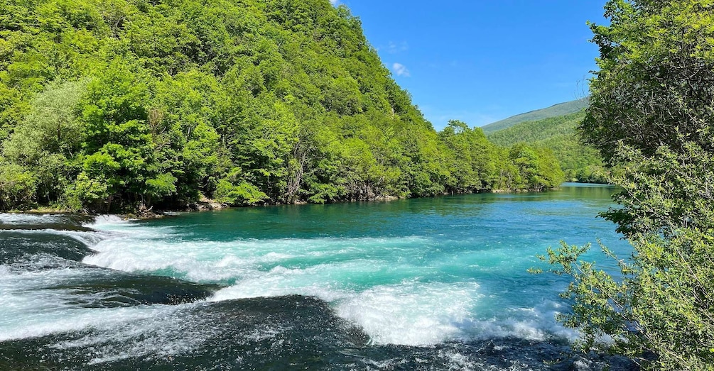 A river flowing through a forested valley with clear turquoise water and lush greenery. 5