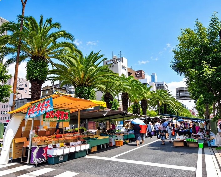 A street market with vendors and palm trees. 4