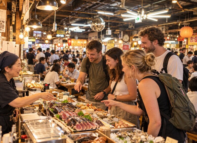 A busy market with people browsing and purchasing food items. 5