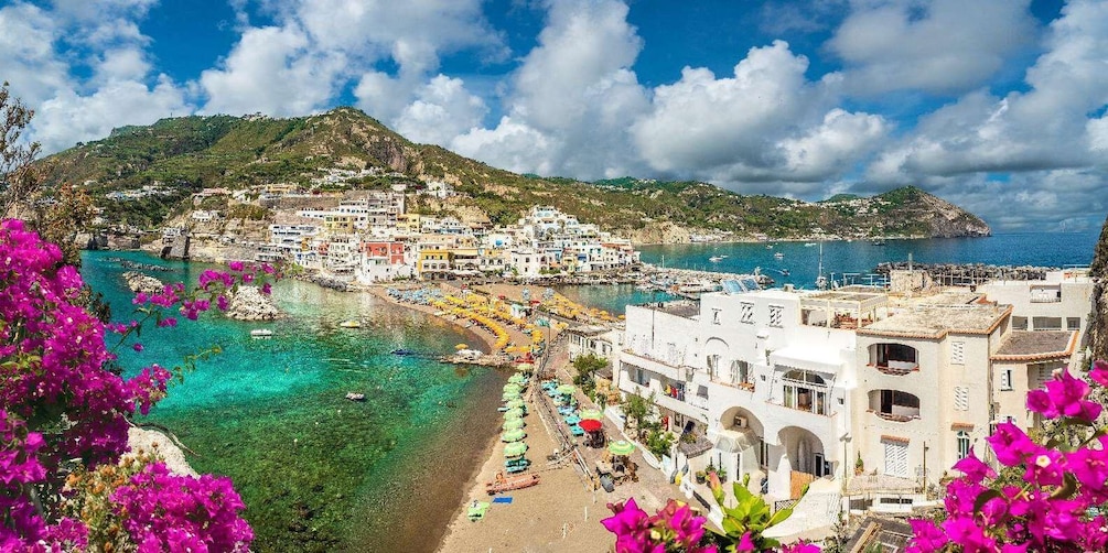 A coastal town with buildings, a beach, boats, and a mountain. 1