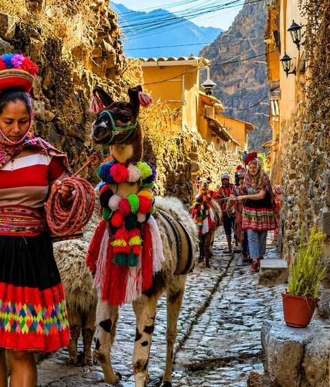 A llama adorned with colorful decorations walking down a cobblestone street in a mountainous village. 3