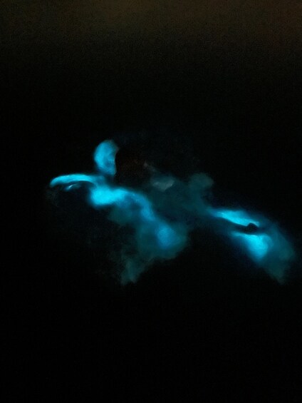 A dark scene with blue light trails. 2
